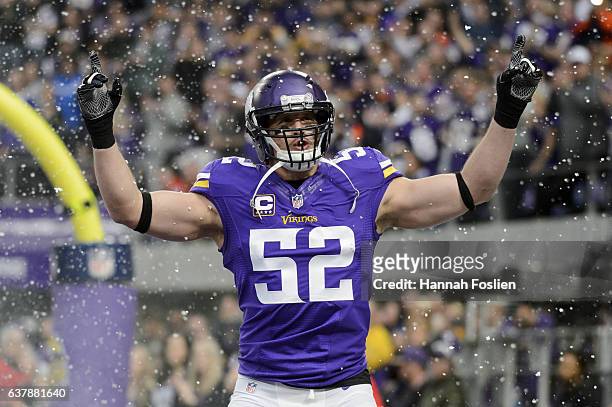 Chad Greenway of the Minnesota Vikings is introduced before the game against the Chicago Bears on January 1, 2017 at US Bank Stadium in Minneapolis,...