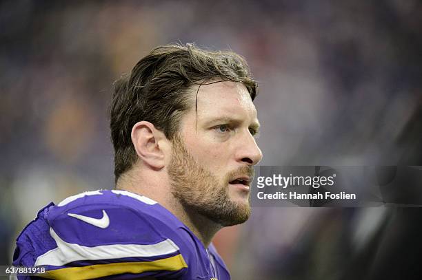 Brian Robison of the Minnesota Vikings looks on during the game against the Chicago Bears on January 1, 2017 at US Bank Stadium in Minneapolis,...