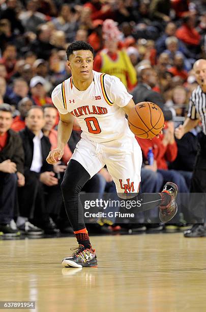 Anthony Cowan of the Maryland Terrapins handles the ball against the Charlotte 49ers at Royal Farms Arena on December 20, 2016 in Baltimore, Maryland.