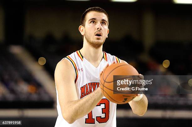 Ivan Bender of the Maryland Terrapins shoots a free throw against the Charlotte 49ers at Royal Farms Arena on December 20, 2016 in Baltimore,...
