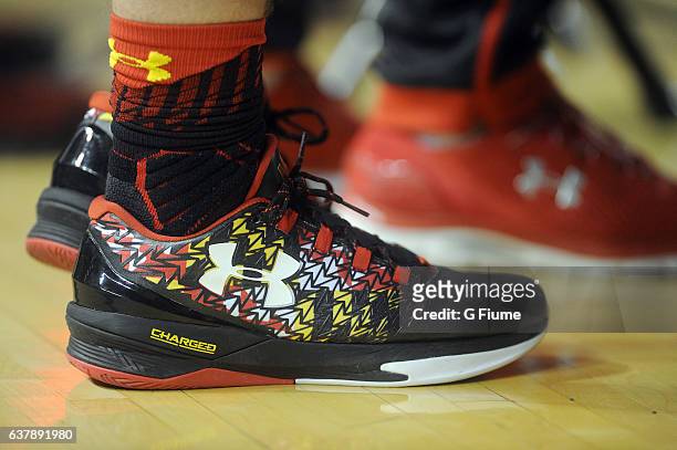 The Maryland Terrapins wear Under Armour shoes during the game against the Charlotte 49ers at Royal Farms Arena on December 20, 2016 in Baltimore,...