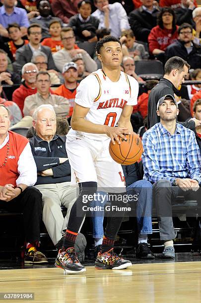 Anthony Cowan of the Maryland Terrapins shoots the ball against the Charlotte 49ers at Royal Farms Arena on December 20, 2016 in Baltimore, Maryland.