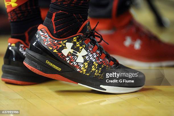 The Maryland Terrapins wear Under Armour shoes during the game against the Charlotte 49ers at Royal Farms Arena on December 20, 2016 in Baltimore,...