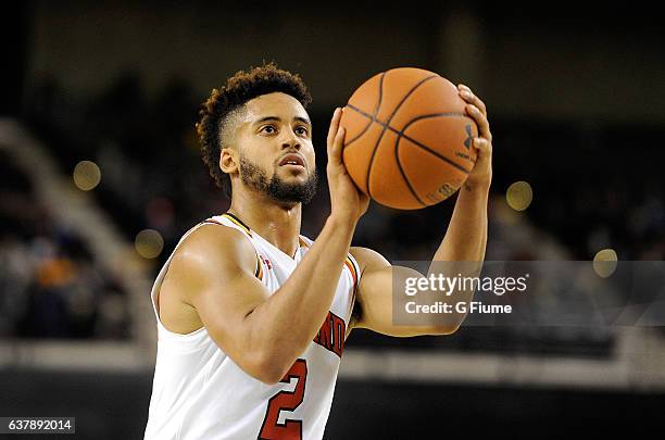 Melo Trimble of the Maryland Terrapins shoots a free throw against the Charlotte 49ers at Royal Farms Arena on December 20, 2016 in Baltimore,...