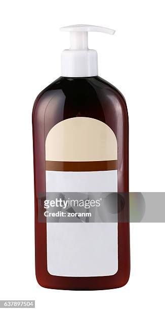 brown spray bottle - shampoo bottle white background stock-fotos und bilder