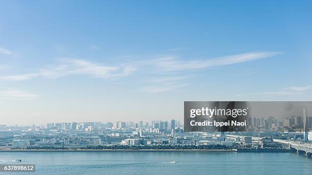 aerial view of tokyo bay area on a sunny winter day - horizon over land stockfoto's en -beelden