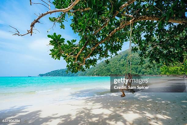 girl on swing in tropical island beach paradise, thailand - surin beach stock pictures, royalty-free photos & images