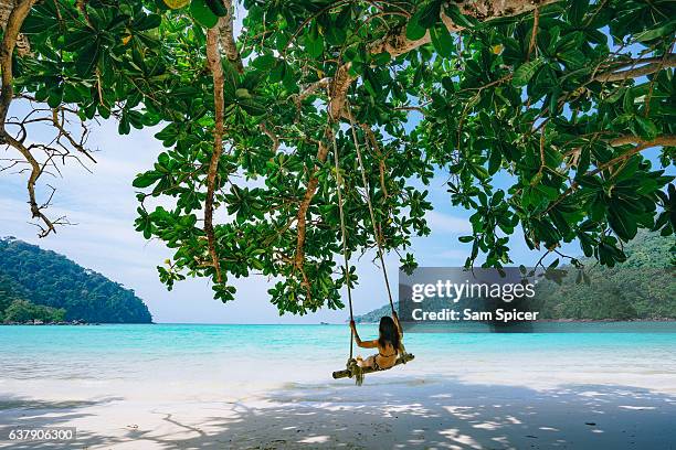 girl on swing in tropical island beach paradise, thailand - thailand strand stock-fotos und bilder