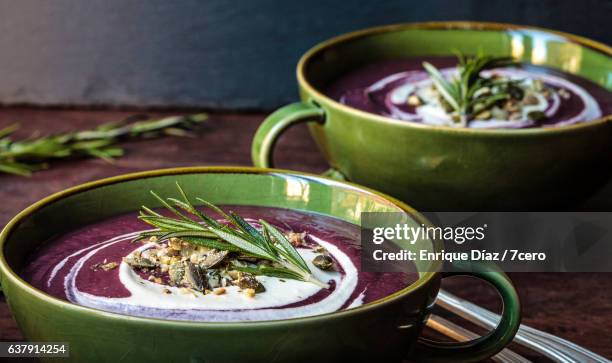 purple potato soup for two - creamy cauliflower and potato soup stock pictures, royalty-free photos & images