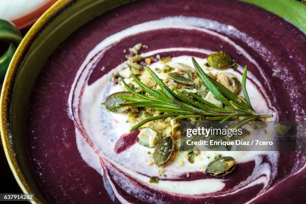 purple potato soup close-up - creamy cauliflower and potato soup stock pictures, royalty-free photos & images