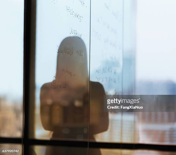silhouette shadow of woman looking at city from office - business solutions silhouette stock pictures, royalty-free photos & images