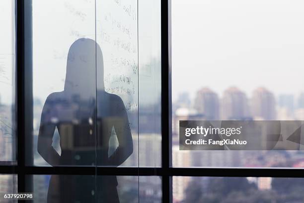 sombra de silueta de mujer mirando la ciudad desde la oficina - fantasma fotografías e imágenes de stock