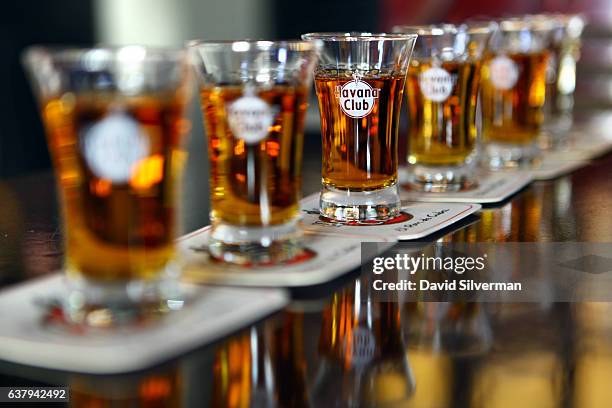 Flight of Havana Club rums are set up for a tasting of the famous brand's different distillations at the Havana Club Rum Museum bar on December 22,...