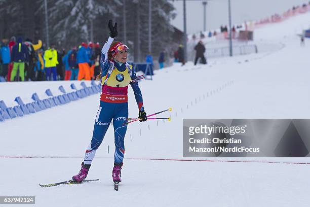 Gabriela Soukalova of the Czech Republic celebrates after the 12.5 km women's Mass Start on January 8, 2017 in Oberhof, Germany.