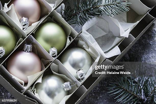 christamas ornaments in a cardboard box - collection stock pictures, royalty-free photos & images