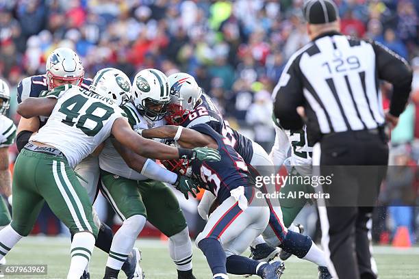 Defensive Lineman Sheldon Richardson of the New York Jets in action against the New England Patriots at Gillette Stadium on December 24, 2016 in...