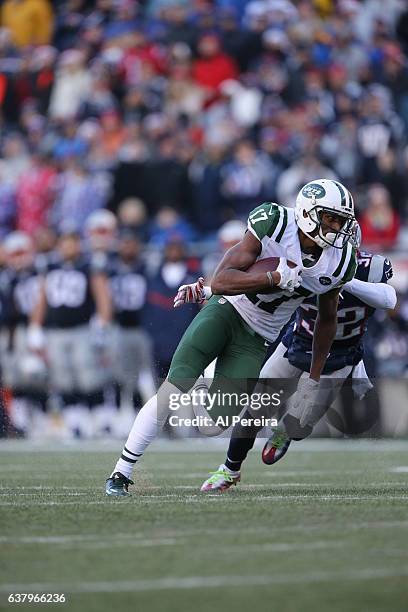 Wide Receiver Charone Peake of the New York Jets has a long gain against the New England Patriots at Gillette Stadium on December 24, 2016 in...