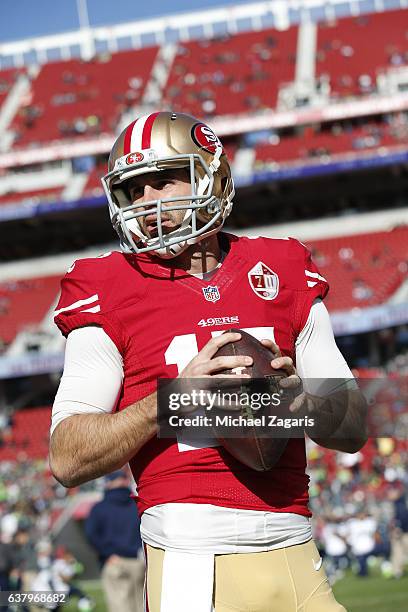 Christian Ponder of the San Francisco 49ers warms up on the field prior to the game against the Seattle Seahawks at Levi Stadium on January 1, 2017...