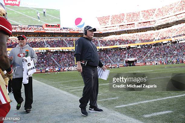 Head Coach Chip Kelly of the San Francisco 49ers stands on the sideline during the game against the Seattle Seahawks at Levi Stadium on January 1,...