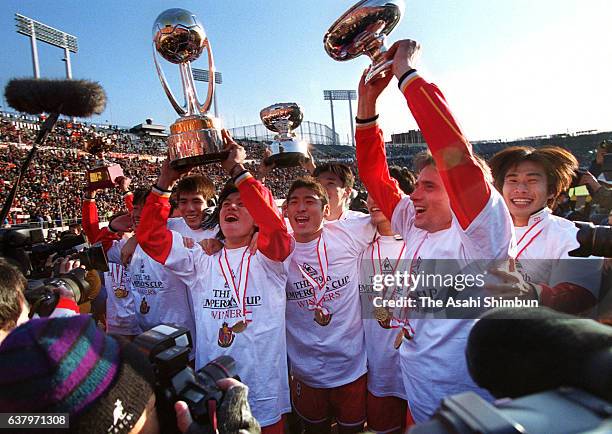 Dragan Stojkovic and Nagoya Grampus Eight players celebrate winning the 79th Emperor's Cup final at the National Stadium on January 1, 2000 in Tokyo,...