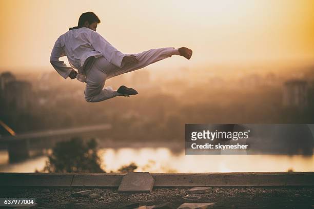 artiste martial habile effectuant fly kick au coucher du soleil. - arts martiaux photos et images de collection