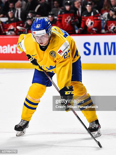 Jonathan Dahlen of Team Sweden looks on prior to a face-off during the 2017 IIHF World Junior Championship semifinal game against Team Canada at the...