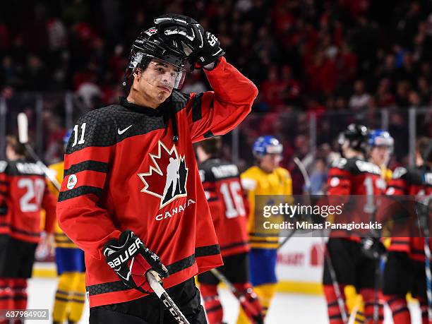 Mathieu Joseph of Team Canada reacts after defeating Team Sweden during the 2017 IIHF World Junior Championship semifinal game at the Bell Centre on...