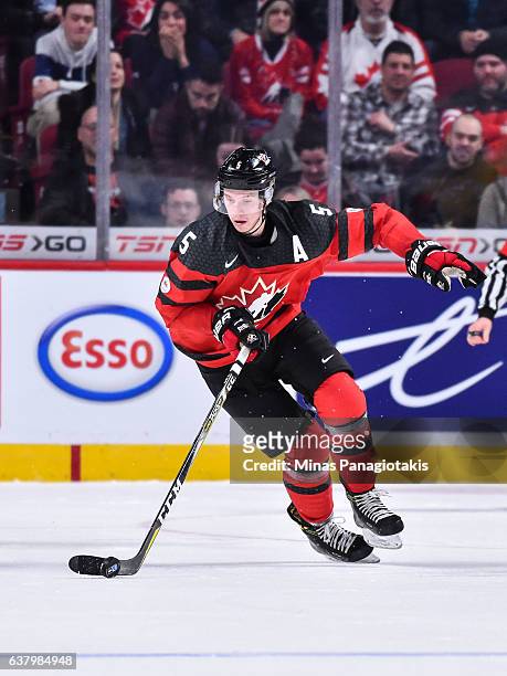 Thomas Chabot of Team Canada skates the puck during the 2017 IIHF World Junior Championship semifinal game against Team Sweden at the Bell Centre on...