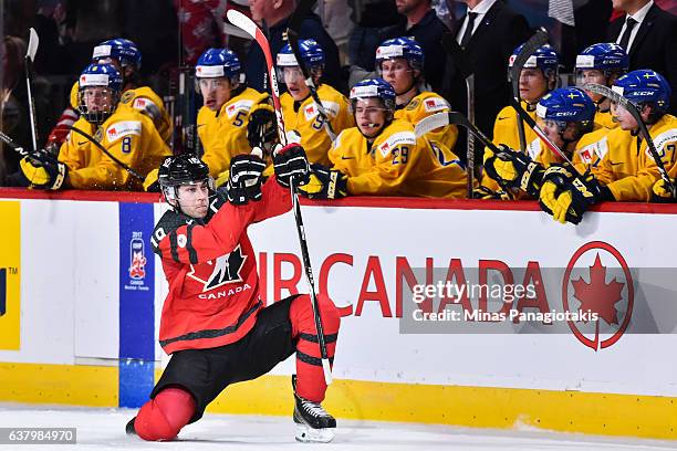 Dylan Strome of Team Canada celebrates his goal during the 2017 IIHF World Junior Championship semifinal game against Team Sweden at the Bell Centre...