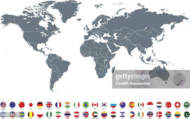 ilustrações de stock, clip art, desenhos animados e ícones de grey world map with most popular flags against white background - country