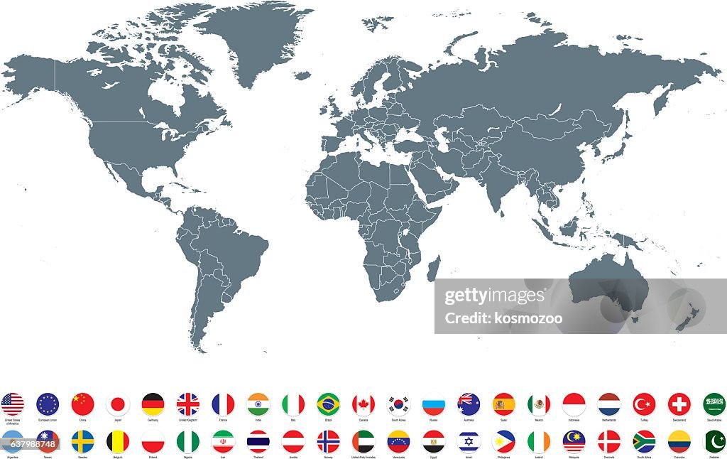 Grey World map with most popular flags against white background