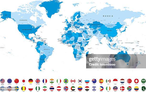 world map with most popular flags against white background - argentina continent stock illustrations