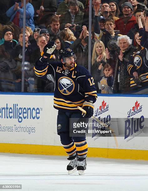 Brian Gionta of the Buffalo Sabres celebrates after a win against the Winnipeg Jets during an NHL game at the KeyBank Center on January 7, 2017 in...