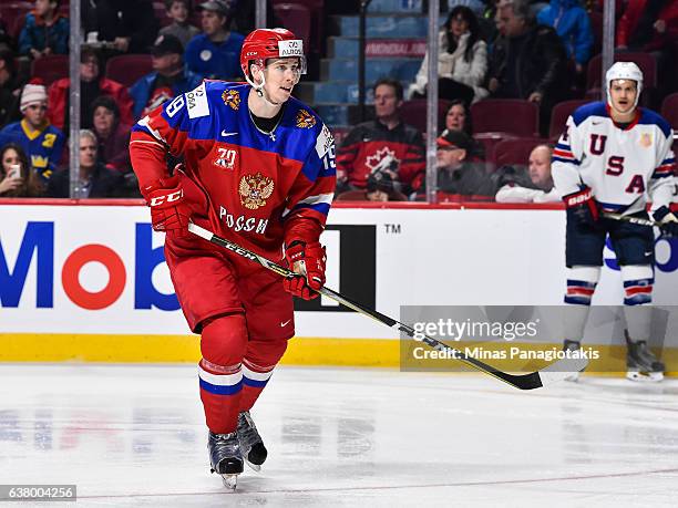 Pavel Karnaukhov of Team Russia skates during the 2017 IIHF World Junior Championship semifinal game against Team United States at the Bell Centre on...