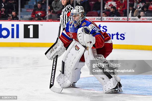 Ilya Samsonov of Team Russia gets into position during the 2017 IIHF World Junior Championship semifinal game against Team United States at the Bell...