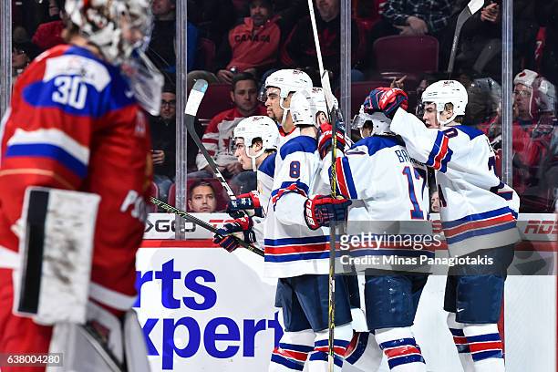 Team United States celebrates a goal during the 2017 IIHF World Junior Championship semifinal game against Team Russia at the Bell Centre on January...