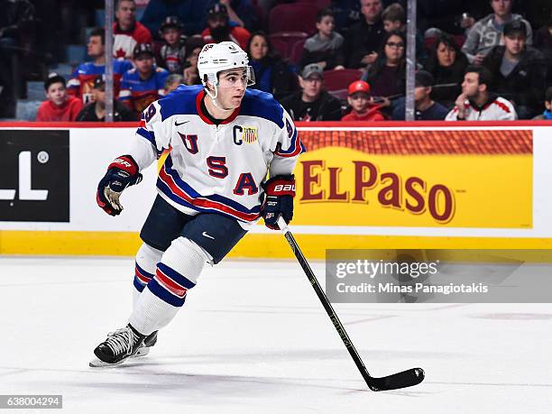 Luke Kunin of Team United States skates during the 2017 IIHF World Junior Championship semifinal game against Team Russia at the Bell Centre on...