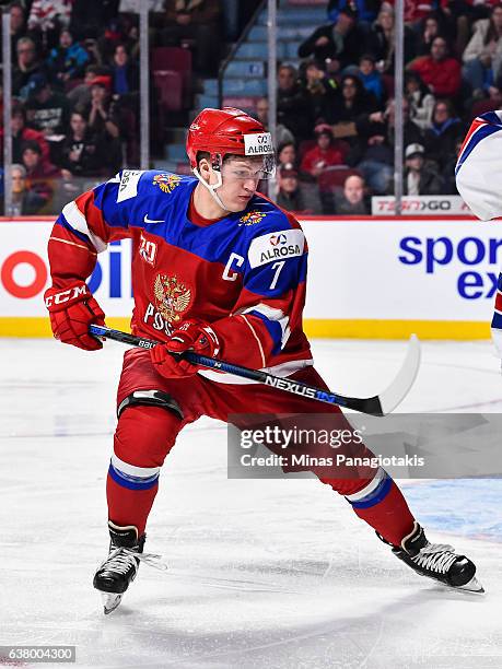 Kirill Kaprizov of Team Russia skates during the 2017 IIHF World Junior Championship semifinal game against Team United States at the Bell Centre on...