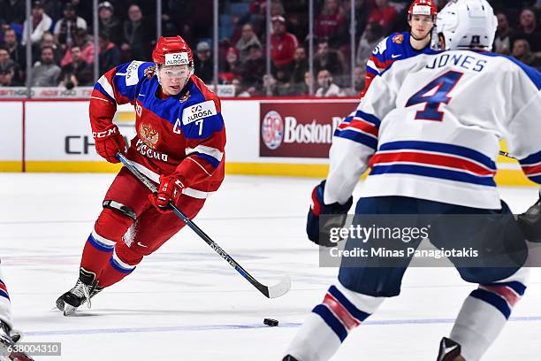 Kirill Kaprizov of Team Russia skates the puck during the 2017 IIHF World Junior Championship semifinal game against Team United States at the Bell...