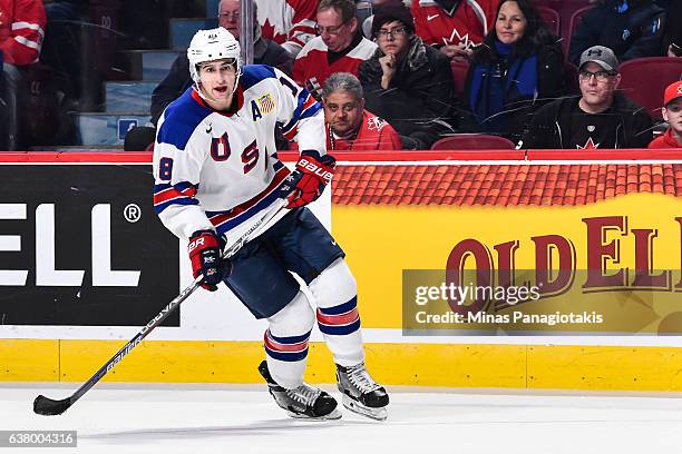 Colin White of Team United States skates during the 2017 IIHF World Junior Championship semifinal game against Team Russia at the Bell Centre on...