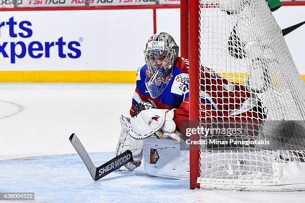 Ilya Samsonov of Team Russia protects his net during the 2017 IIHF World Junior Championship semifinal game against Team United States at the Bell...