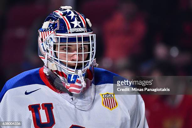 Tyler Parsons of Team United States looks on as he skates during the 2017 IIHF World Junior Championship semifinal game against Team Russia at the...