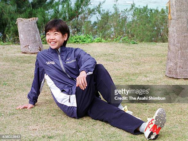 Marathon runner Naoko Takahashi warms up during a training session on February 10, 2000 in Tokunoshima, Kagoshima, Japan.