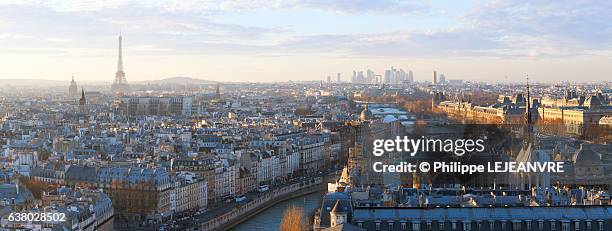 paris skyline panorama at sunset with river seine - eiffel tower aerial view stock pictures, royalty-free photos & images