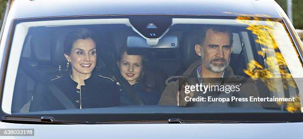 King Felipe VI of Spain, Queen Letizia of Spain and their daughter Princess Leonor of Spain spend 'The Wise Men's Day' at Queen Letizia's father's...