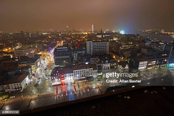aerial view of antwerp city centre at night - national day of belgium 2016 imagens e fotografias de stock