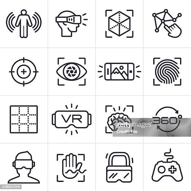 ilustraciones, imágenes clip art, dibujos animados e iconos de stock de iconos y símbolos de la tecnología de realidad virtual - percepción sensorial