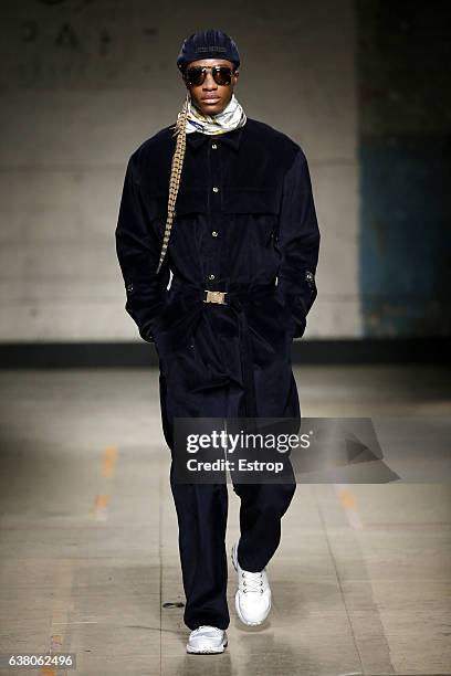 Model walks the runway at the Astrid Andersen show during London Fashion Week Men's January 2017 collections at BFC Show Space on January 7, 2017 in...