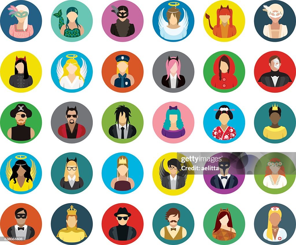 Conjunto de treinta iconos redondos vectoriales de personas enmascaradas.
