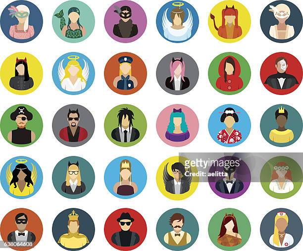 set of thirty vector round icons of masked people. - period costume stock illustrations
